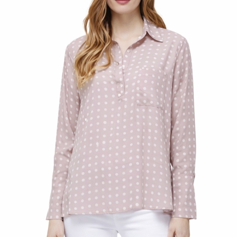 Pleione NWT Nordstrom Mauve Polka Dot Split Collar Neck Long Sleeve‎ Blouse XL